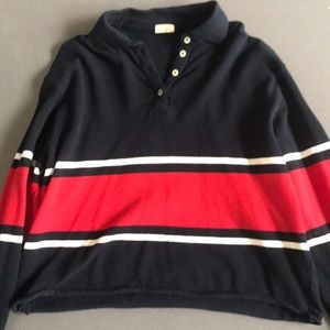 Red and blue collared button up long sleeved shirt